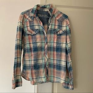 Gap peach and blue plaid flannel shirt